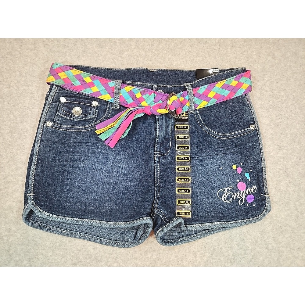 ENYCE Girls Size 14 Jean Shorts Embroidered with Belt Blue Denim Short‎ NWT